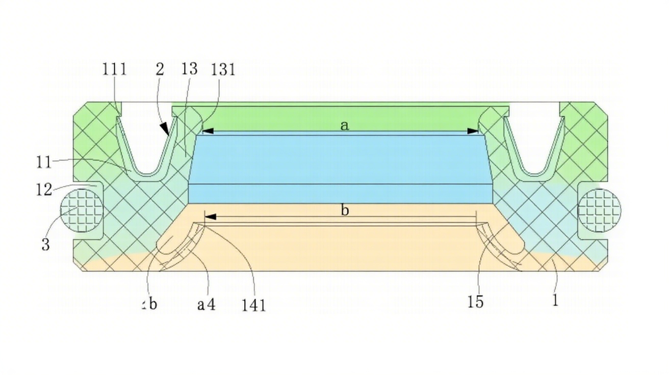 一種HA型彈簧組合油封結(jié)構(gòu)圖1圖1（剖視圖）：展示油封本體、V型彈簧、O型圈的軸向分布，主唇口（131）與副唇口（141）的梯度位置關(guān)系。